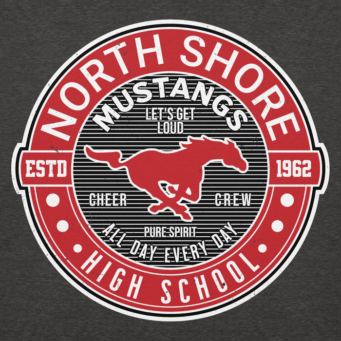 Close-up view of North Shore High School Mustangs Dark Heather Grey Premium Unisex Hoodie 224