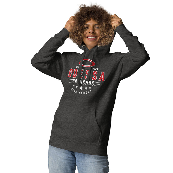 Woman wearing Odessa High School Bronchos Dark Grey Premium Unisex Hoodie 217