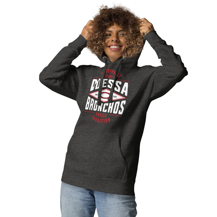 Woman wearing Odessa High School Bronchos Dark Grey Premium Unisex Hoodie 210