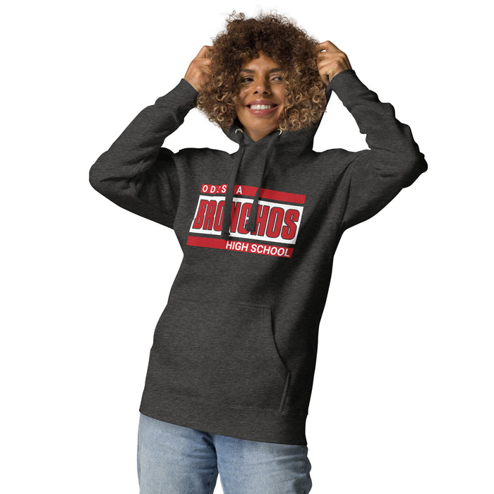 Woman wearing Odessa High School Bronchos Dark Grey Premium Unisex Hoodie 098