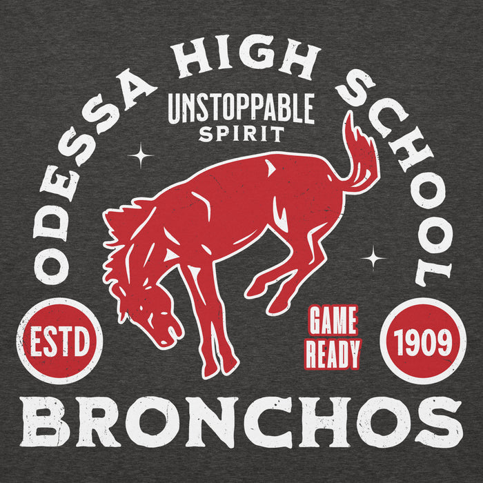 Close-up view of Odessa High School Bronchos Dark Grey Premium Unisex Hoodie 208