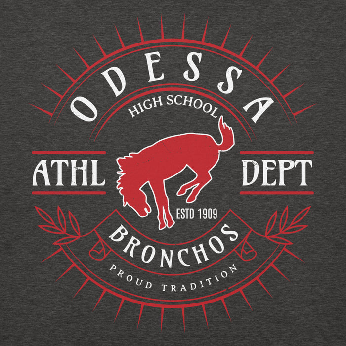 Close-up view of Odessa High School Bronchos Dark Grey Premium Unisex Hoodie 201