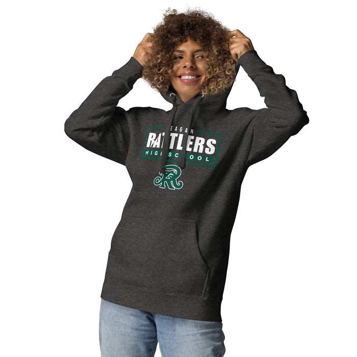 Woman wearing Reagan High School Rattlers Dark Grey Premium Unisex Hoodie 049