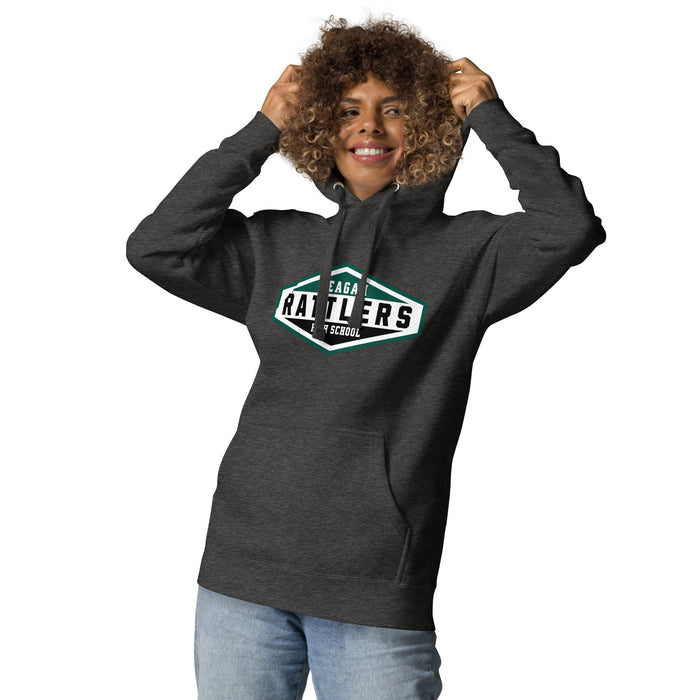 Woman wearing Reagan High School Rattlers Dark Grey Premium Unisex Hoodie 009