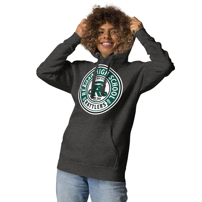 Womanw earing Reagan High School Rattlers Dark Grey Premium Unisex Hoodie 220