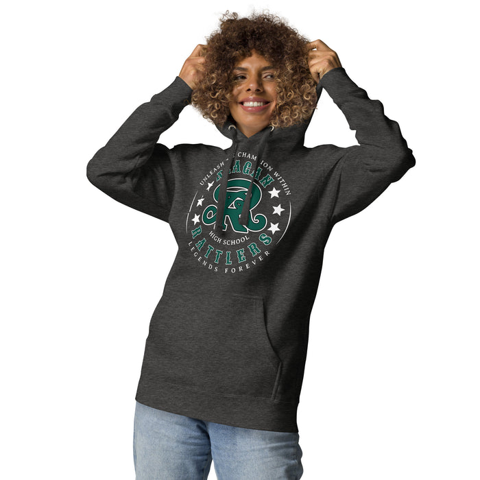Woman wearing Reagan High School Rattlers Dark Grey Premium Unisex Hoodie 214
