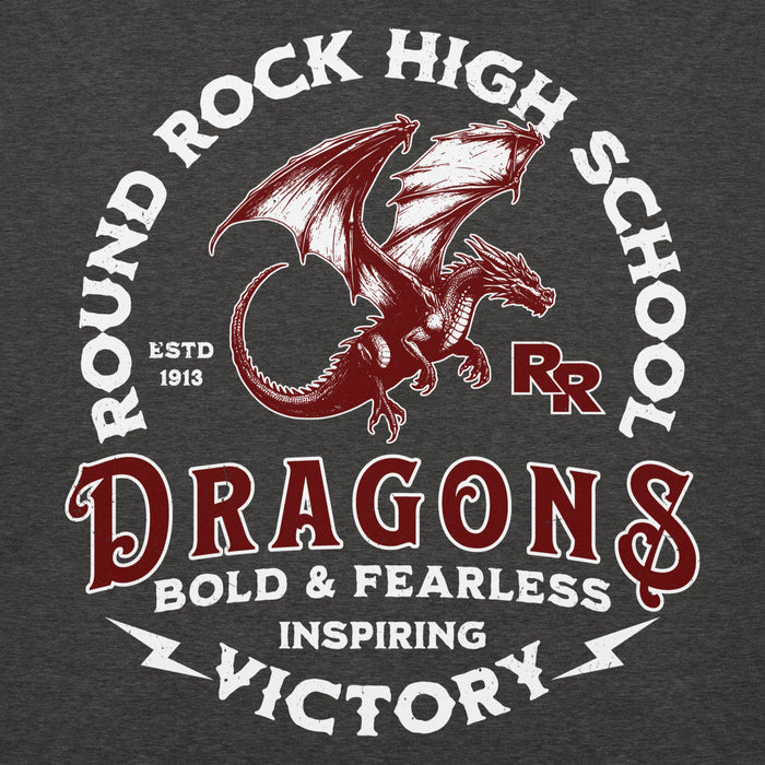 Close-up view of Round Rock High School Dragons Dark Grey Premium Unisex Hoodie 206