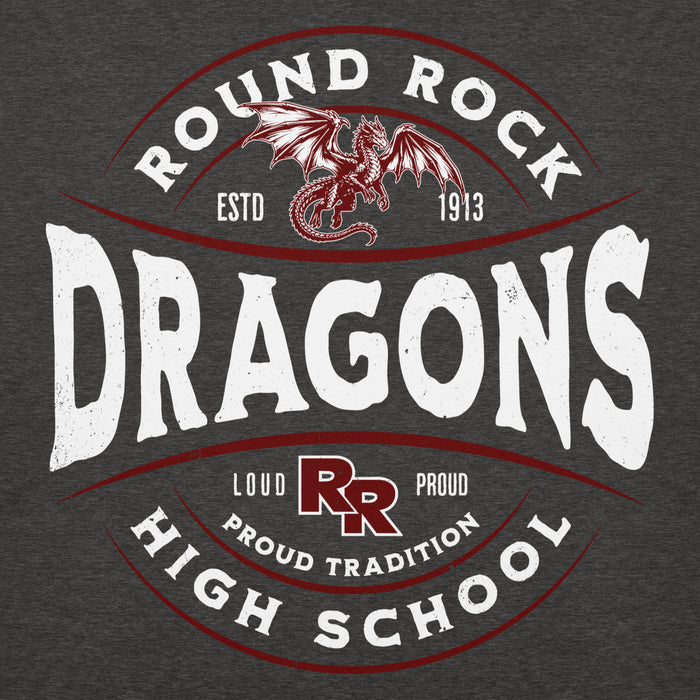 Close-up view of Round Rock High School Dragons Dark Grey Premium Unisex Hoodie 218