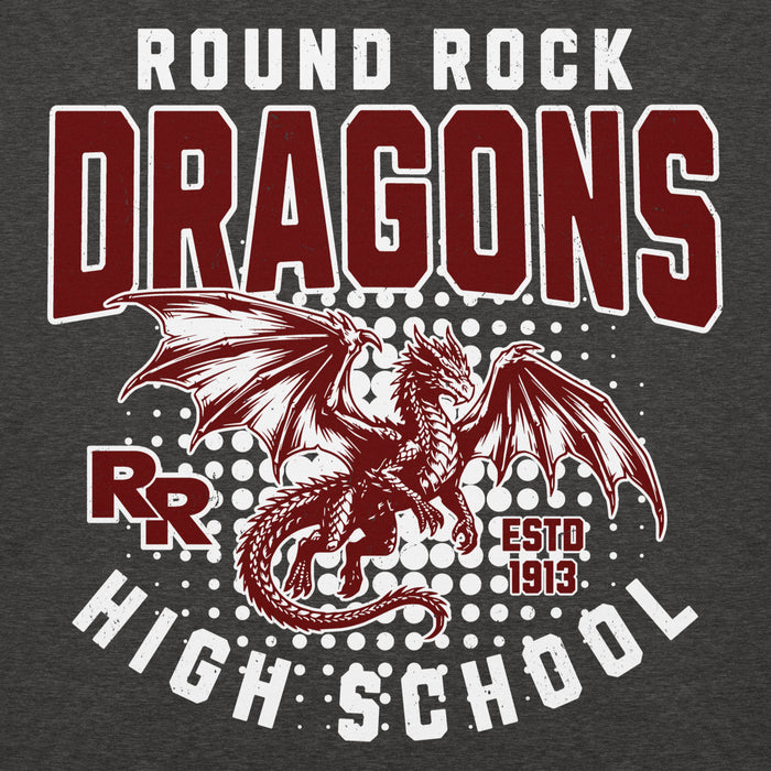 Close-up view of Round Rock High School Dragons Dark Grey Premium Unisex Hoodie 204
