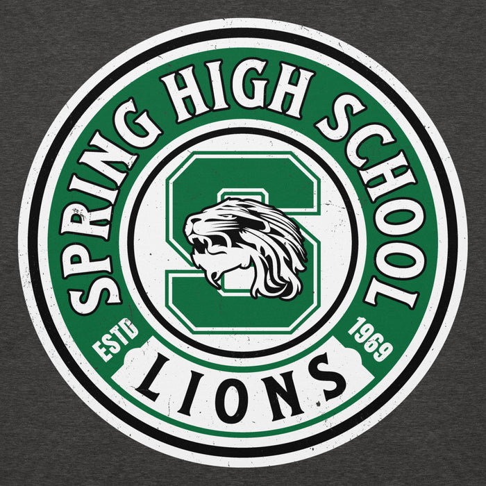 Close-up view of Spring High School Lions Dark Grey Heather Premium Unisex Hoodie 220