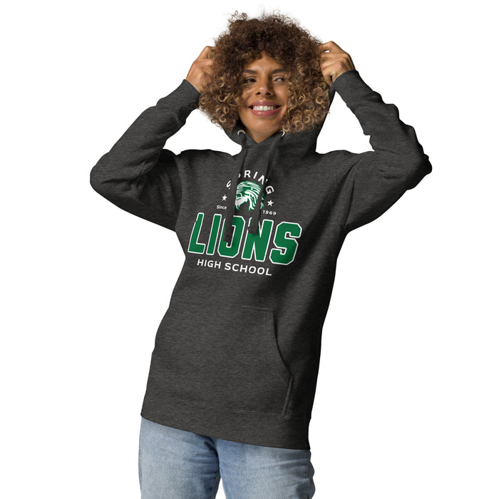 Woman wearing Spring High School Lions Dark Grey Heather Premium Unisex Hoodie 222