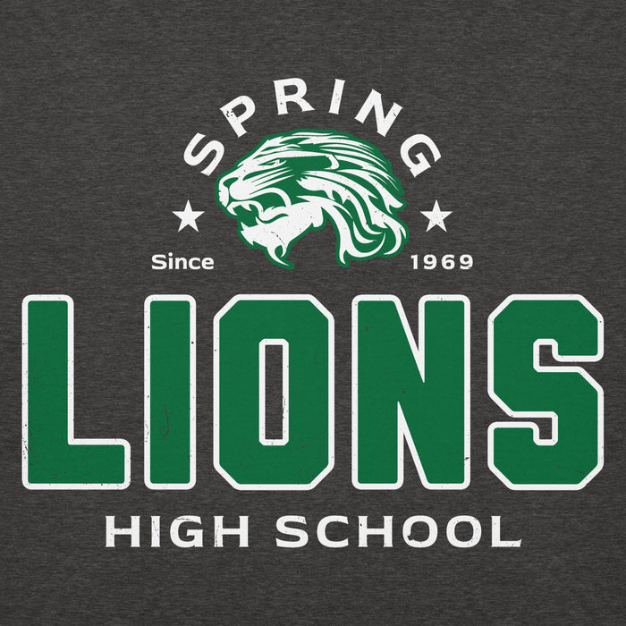 Close-up view of Spring High School Lions Dark Grey Heather Premium Unisex Hoodie 222