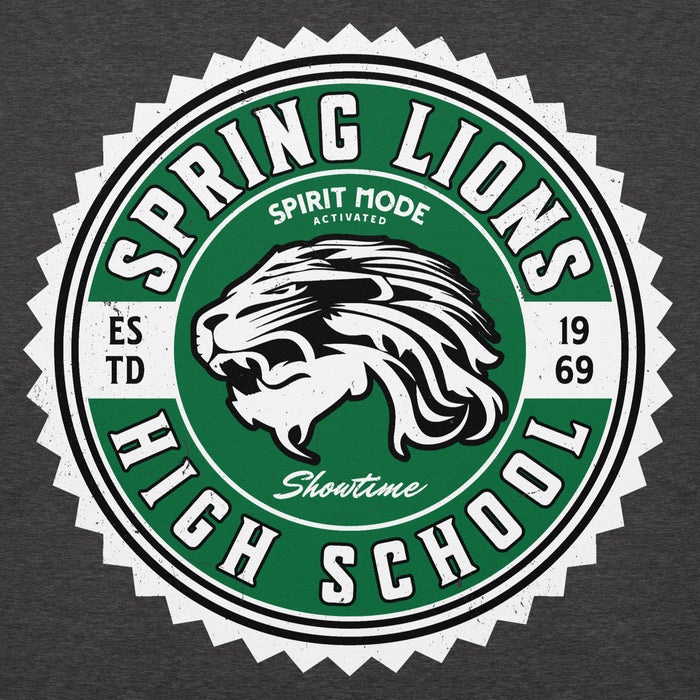 Close-up view of Spring High School Lions Dark Grey Heather Premium Unisex Hoodie 203