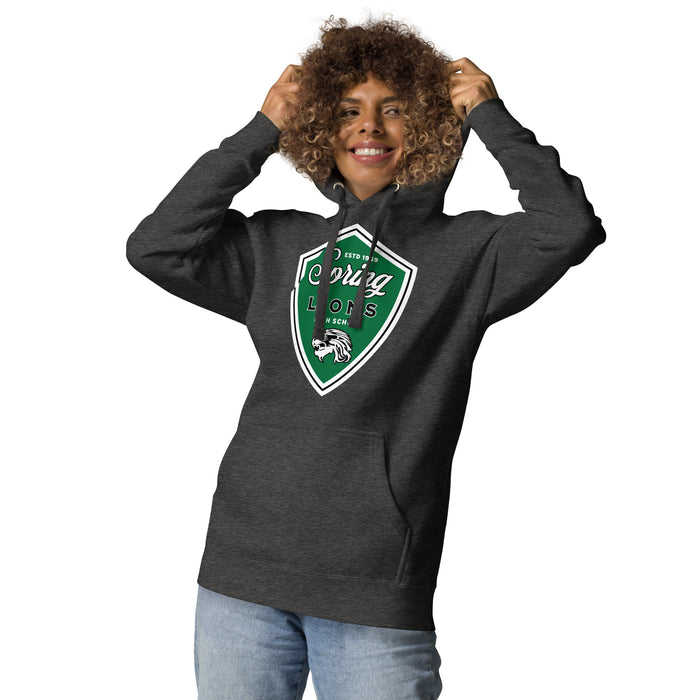 Woman wearing Spring High School Lions Dark Grey Heather Premium Unisex Hoodie 225