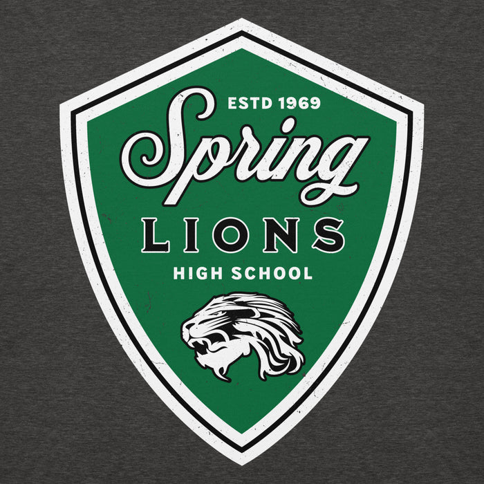 Close-up view of Spring High School Lions Dark Grey Heather Premium Unisex Hoodie 225