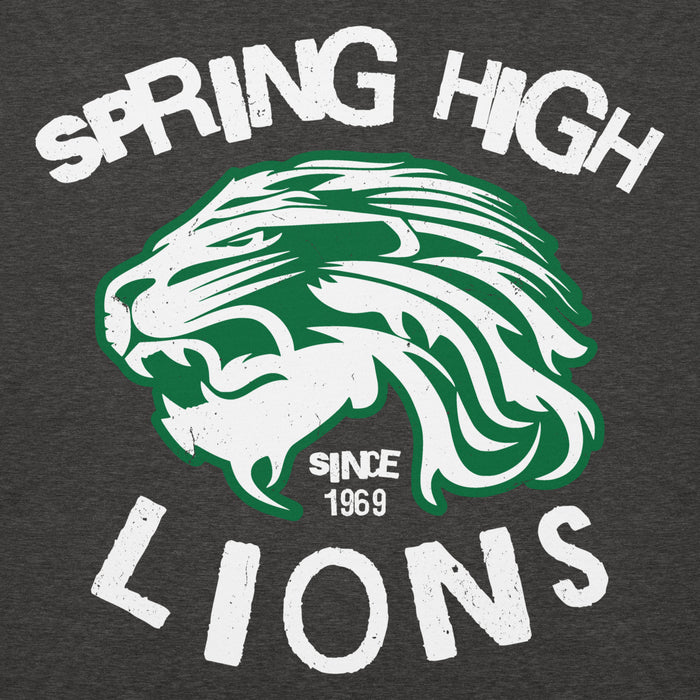 Close-up view of Spring High School Lions Dark Grey Heather Premium Unisex Hoodie 228