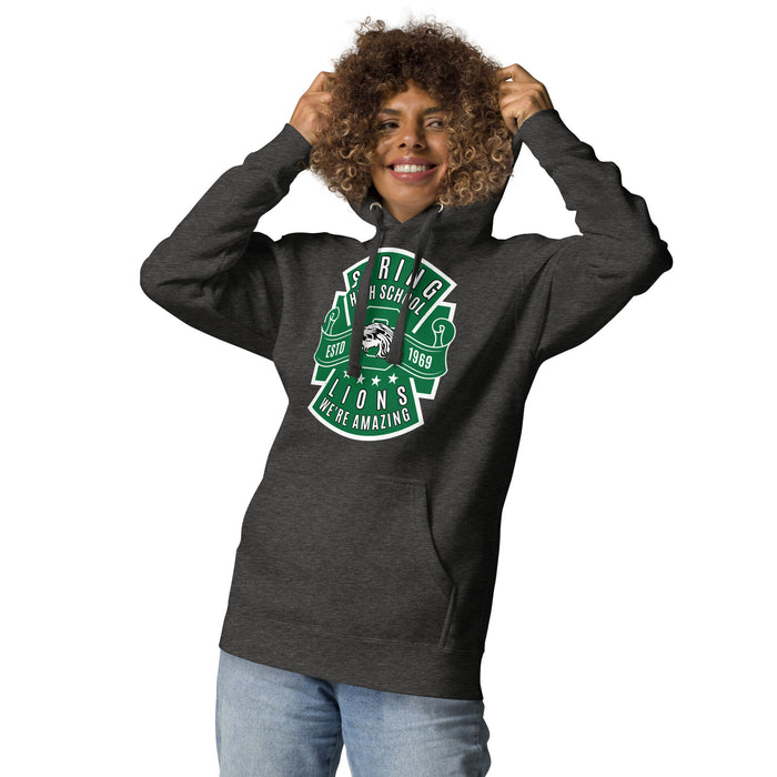 Woman wearing Spring High School Lions Dark Grey Heather Premium Unisex Hoodie 207