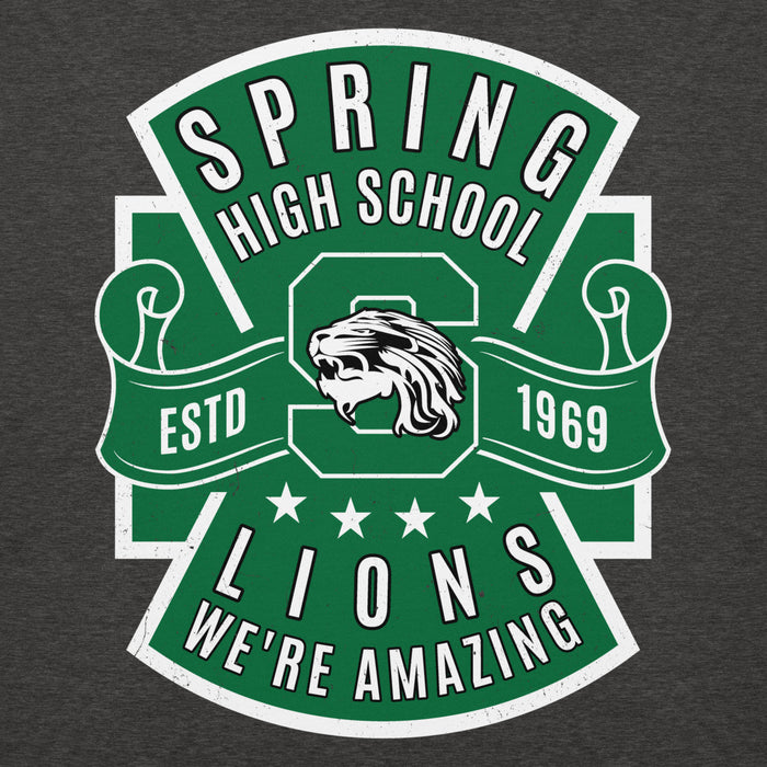 Close-up view of Spring High School Lions Dark Grey Heather Premium Unisex Hoodie 207