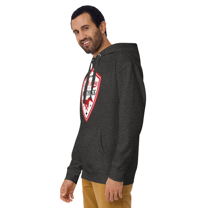 Man wearing North Shore High School Mustangs Dark Heather Grey Premium Unisex Hoodie 225