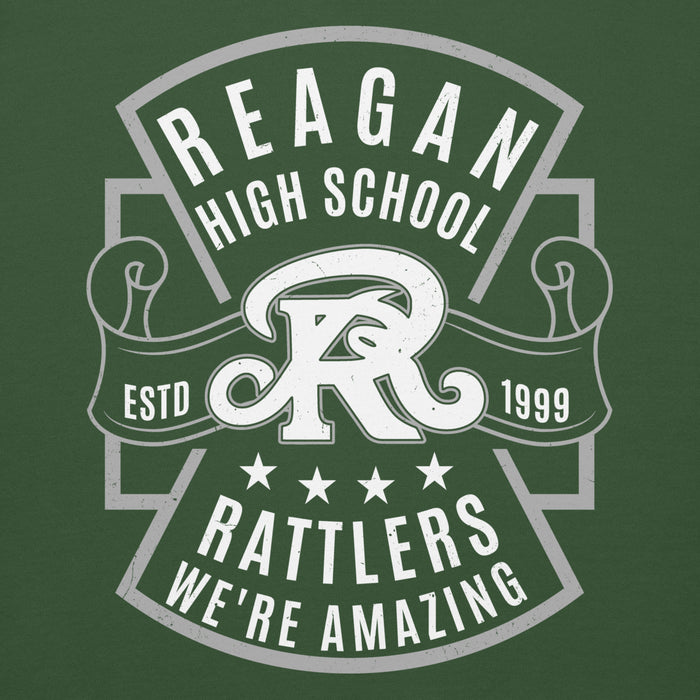 Close-up view of Reagan High School Rattlers Forest Green Unisex Hoodie 207