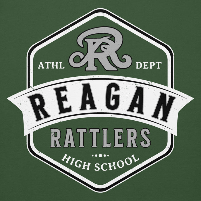Close-up view of Reagan High School Rattlers Forest Green Unisex Hoodie 209
