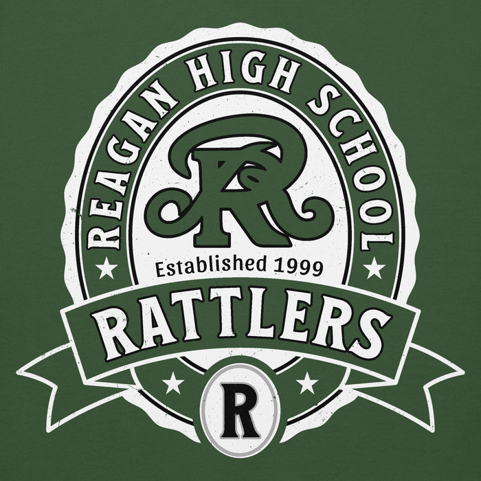 Close-up view of Reagan High School Rattlers Forest Green Unisex Hoodie 212