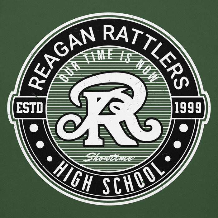 Close-up view of Reagan High School Rattlers Forest Green Unisex Hoodie 224