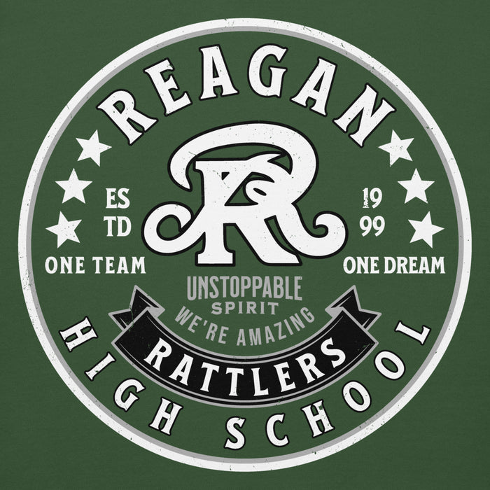 Close-up view of Reagan High School Rattlers Forest Green Unisex Hoodie 215
