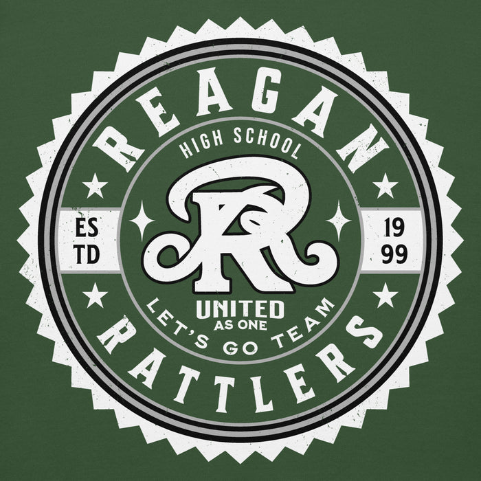 Close-up view of Reagan High School Rattlers Forest Green Unisex Hoodie 203