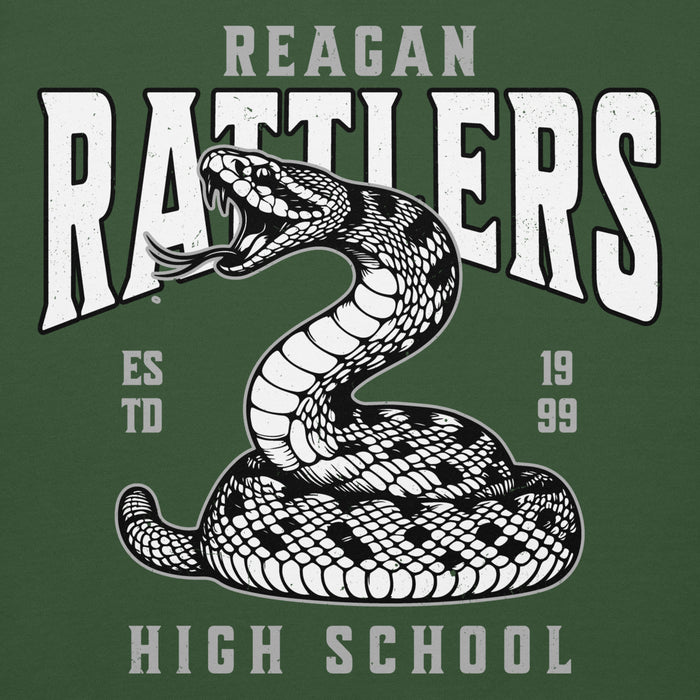 Close-up view of Reagan High School Rattlers Forest Green Unisex Hoodie 213