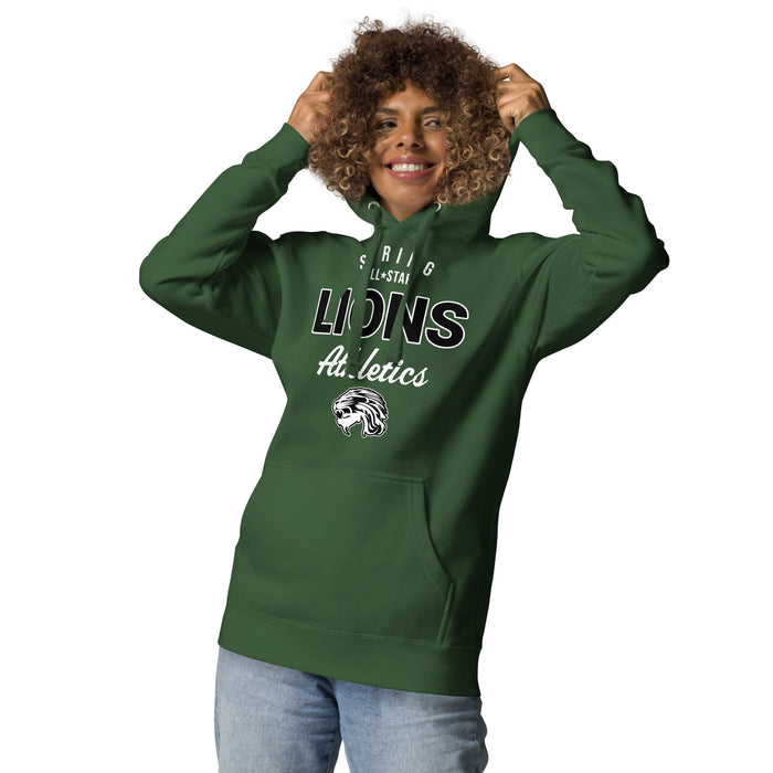Woman wearing Spring High School Lions Forest Green Premium Unisex Hoodie 034