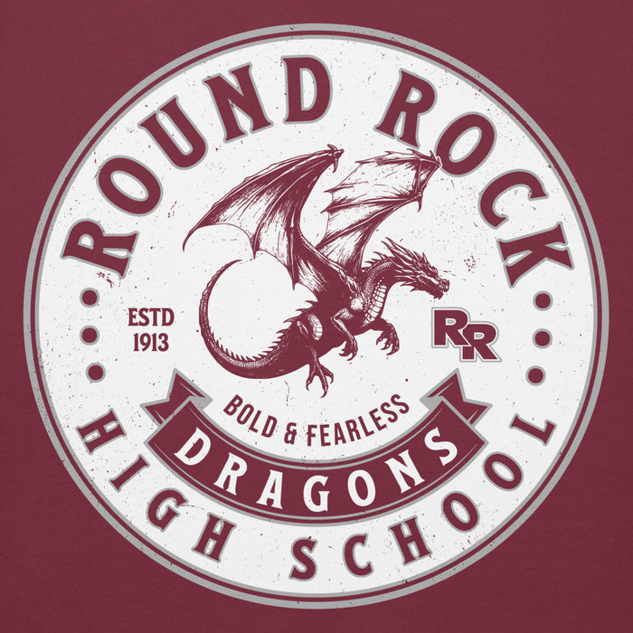 Close-up view of Round Rock High School Dragons Maroon Premium Unisex Hoodie 215