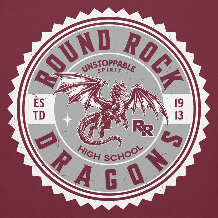 Close-up view of Round Rock High School Dragons Maroon Premium Unisex Hoodie 203