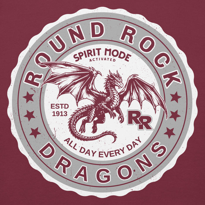 Close-up view of Round Rock High School Dragons Maroon Premium Unisex Hoodie 216