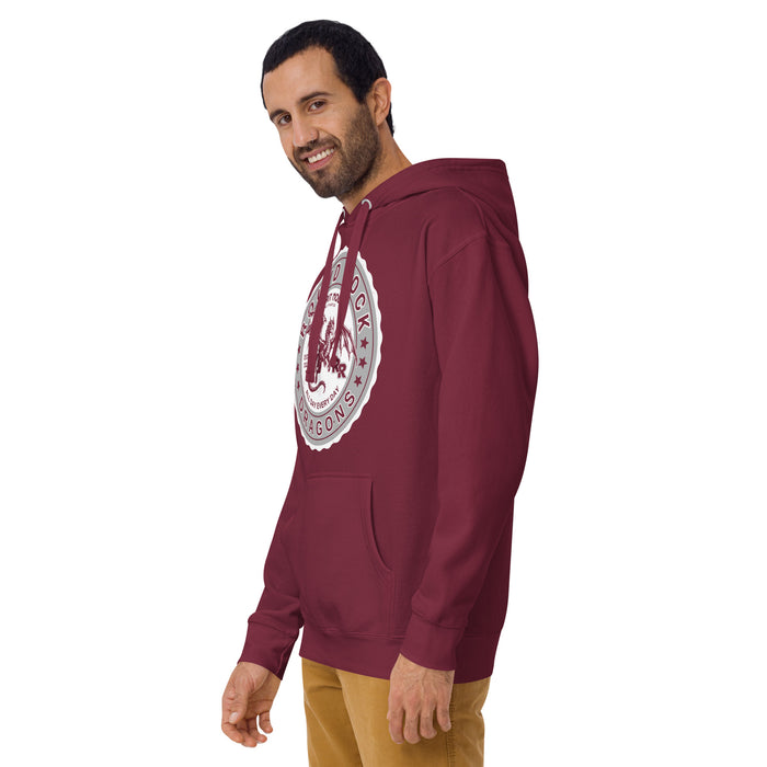 Man wearing Round Rock High School Dragons Maroon Premium Unisex Hoodie 216