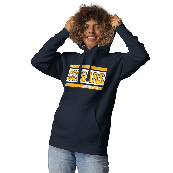 Woman wearing Nimitz High School Cougars Navy Blue Premium Unisex Hoodie 098