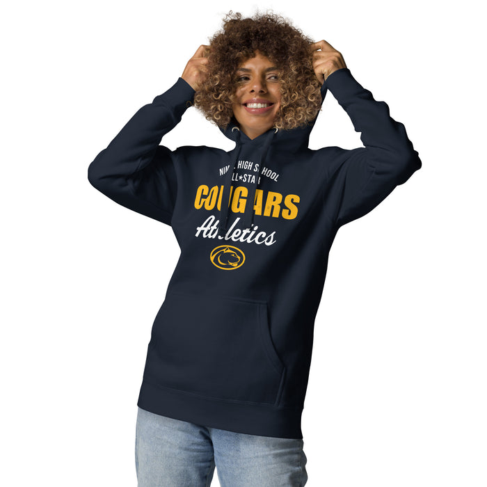 Woman wearing Nimitz High School Cougars Navy Blue Premium Unisex Hoodie 034