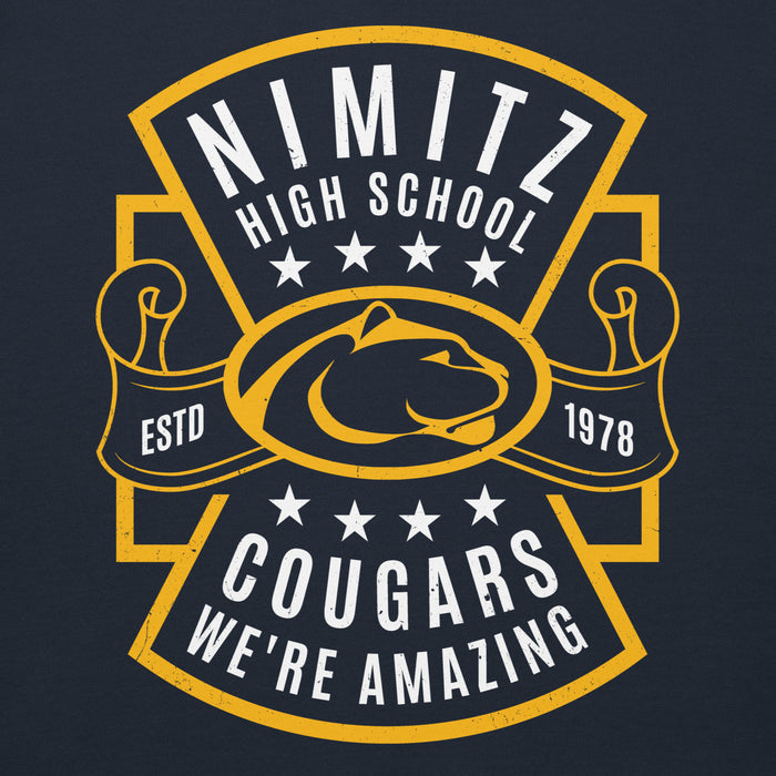 Close-up view of Nimitz High School Cougars Navy Blue Premium Unisex Hoodie 207