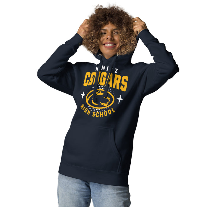 Woman wearing Nimitz High School Cougars Navy Blue Premium Unisex Hoodie 204