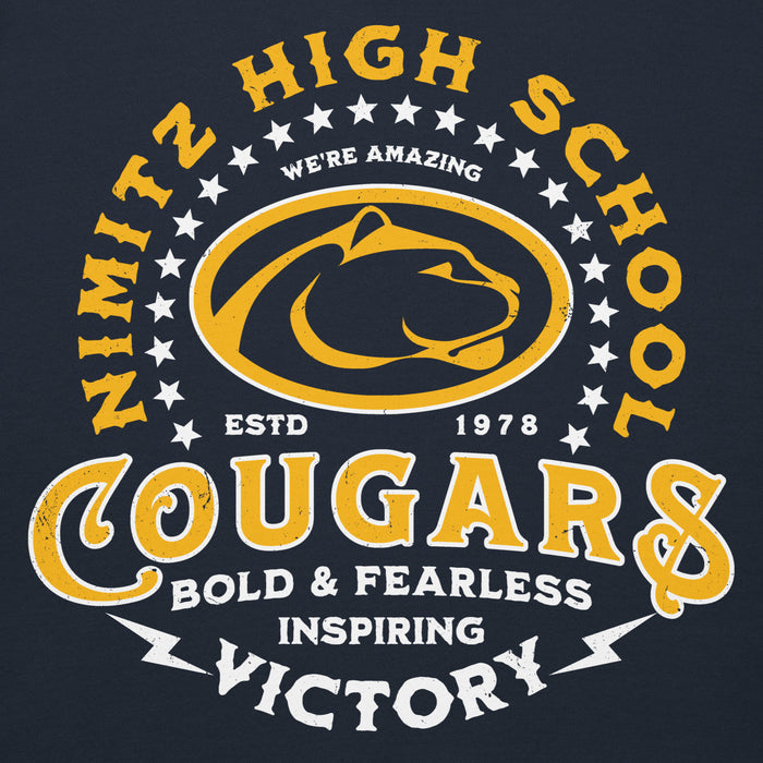 Close-up view of Nimitz High School Cougars Navy Blue Premium Unisex Hoodie 206