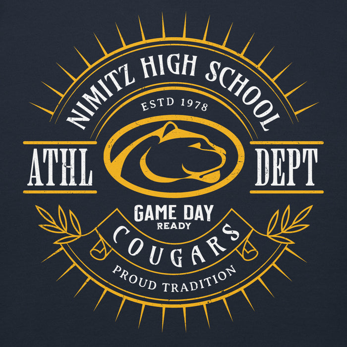 Close-up view of Nimitz High School Cougars Navy Blue Premium Unisex Hoodie 201