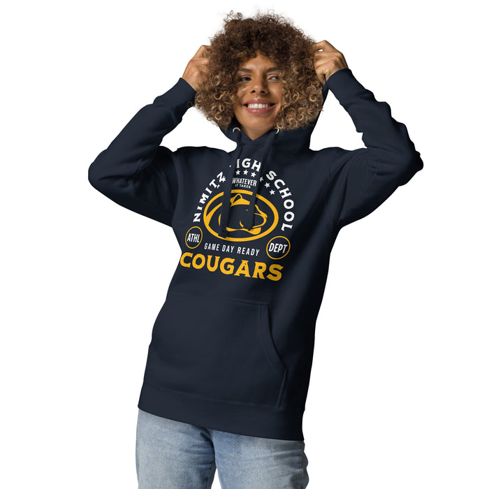 Woman wearing Nimitz High School Cougars Navy Blue Premium Unisex Hoodie 208