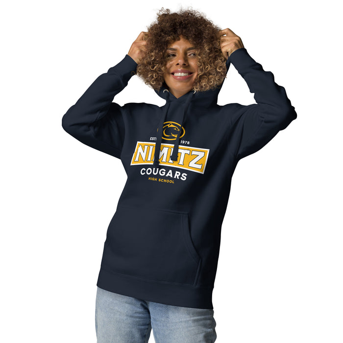 Woman wearing Nimitz High School Cougars Navy Blue Premium Unisex Hoodie 202