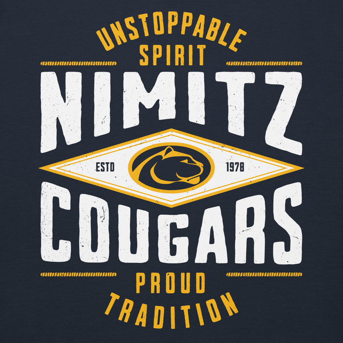 Close-up view of Nimitz High School Cougars Navy Blue Premium Unisex Hoodie 210