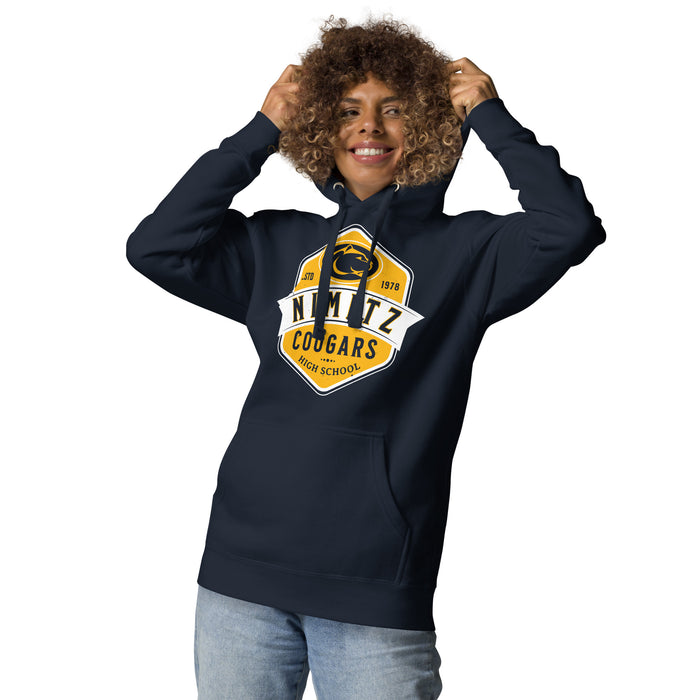 Woman wearing Nimitz High School Cougars Navy Blue Premium Unisex Hoodie 209