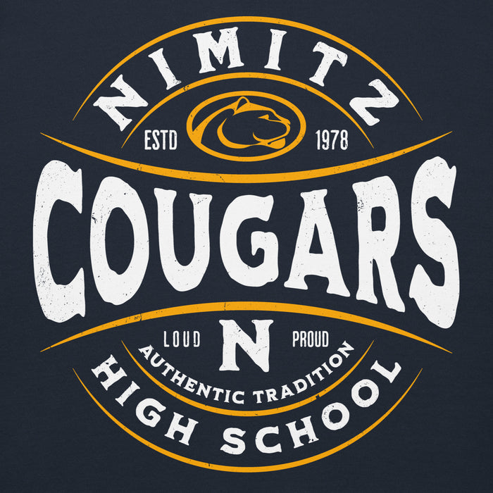 Close-up view of Nimitz High School Cougars Navy Blue Premium Unisex Hoodie 218