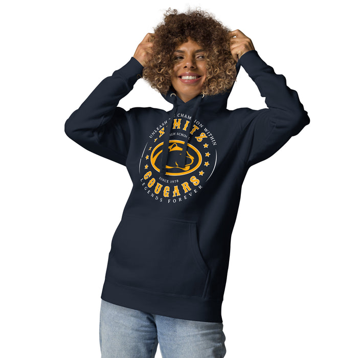 Woman wearing Nimitz High School Cougars Navy Blue Premium Unisex Hoodie 214