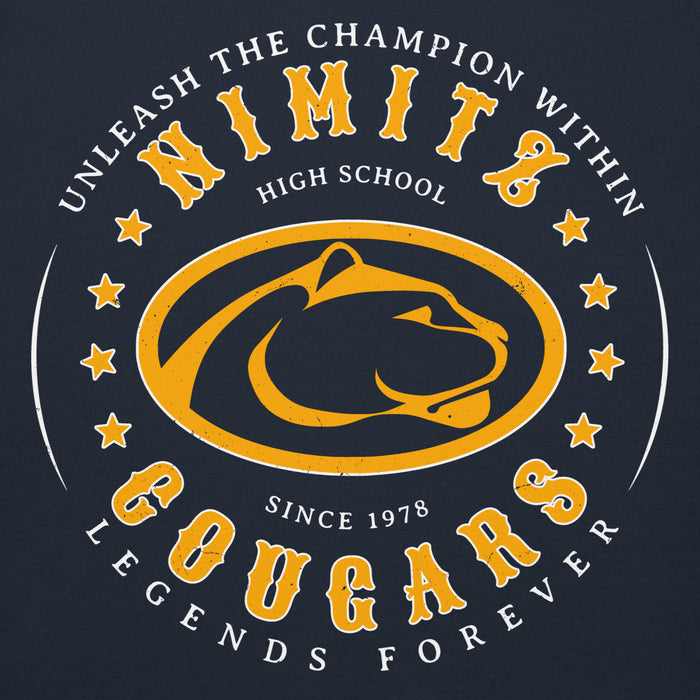 Close-up view of Nimitz High School Cougars Navy Blue Premium Unisex Hoodie 214