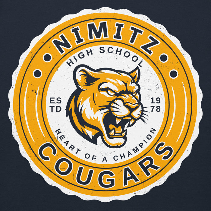 Close-up view of Nimitz High School Cougars Navy Blue Premium Unisex Hoodie 216