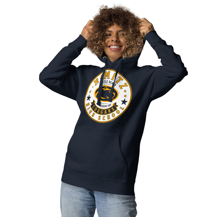 Woman wearing Nimitz High School Cougars Navy Blue Premium Unisex Hoodie 215